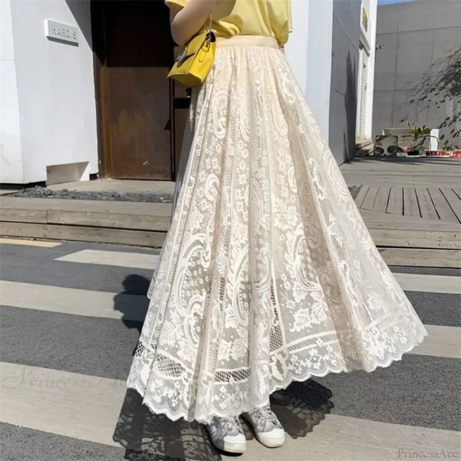 Y2K Women’s Lace Crochet Umbrella Long Skirt Bohemian High Waist APRICOT / One Size skirt-250126
