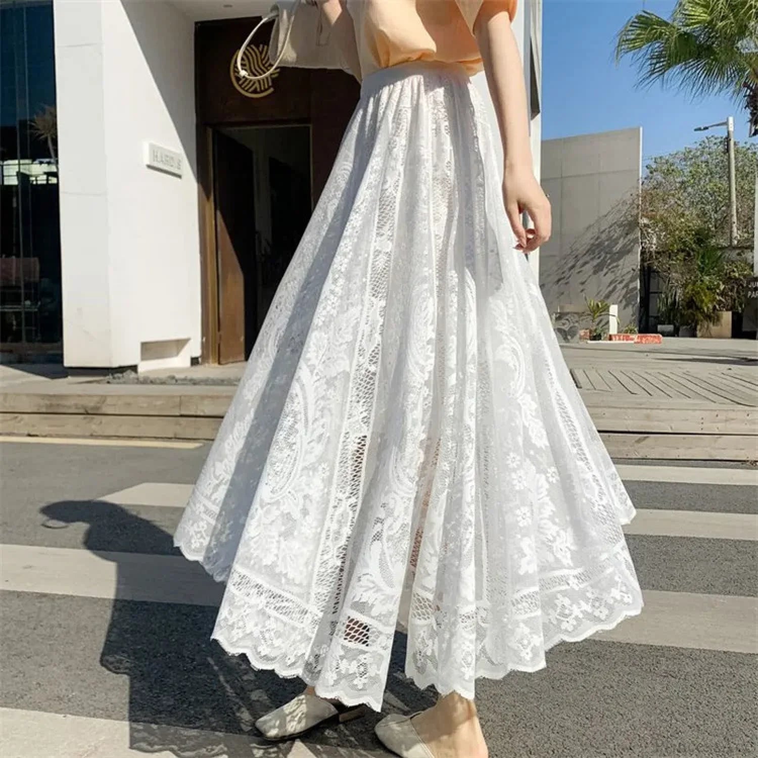 Y2K Women’s Lace Crochet Umbrella Long Skirt Bohemian High Waist WHITE / One Size skirt-250126