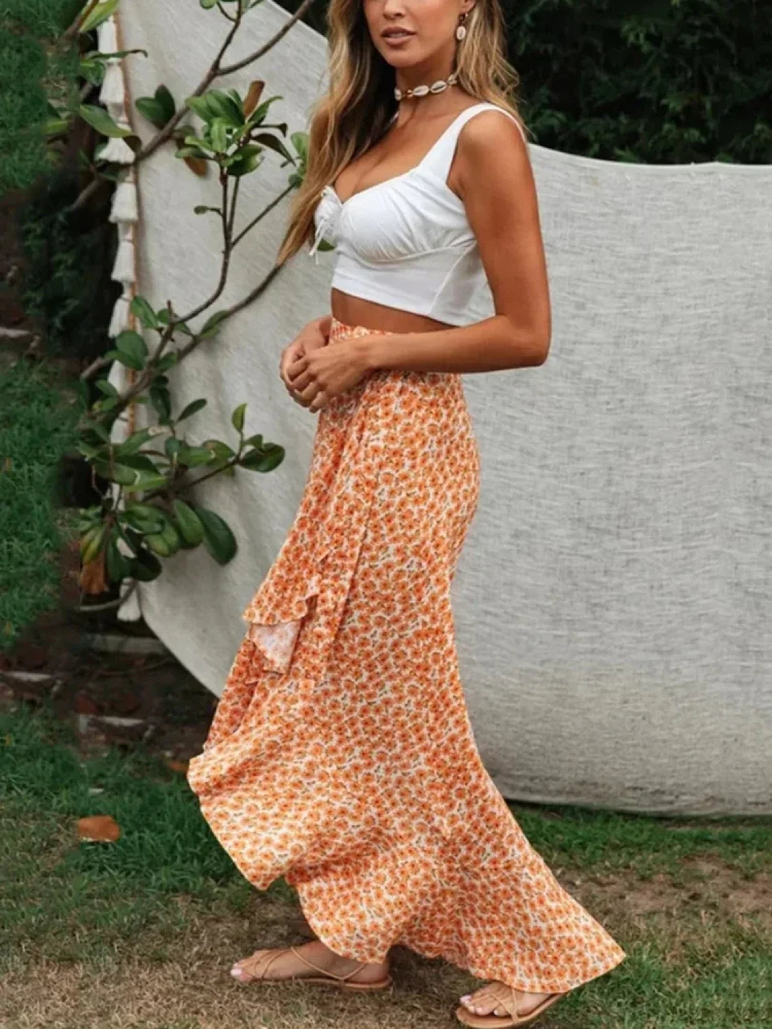 Yellow Floral Print Rayon Beach Split Asymmetrical Boho Skirt skirt-250126