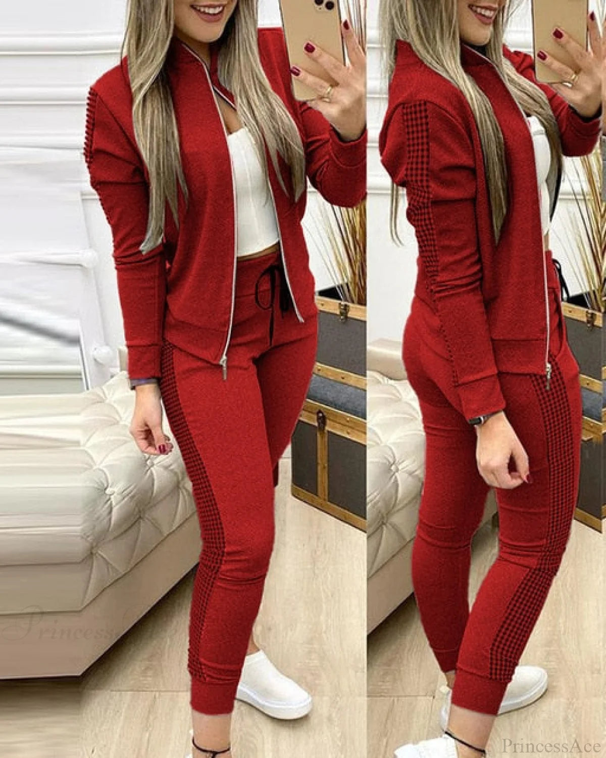 Set For Zipper Pants Long Autumn Piece Fashion + Suit - Winter Tracksuit Jacket 2 Sports Women Red
