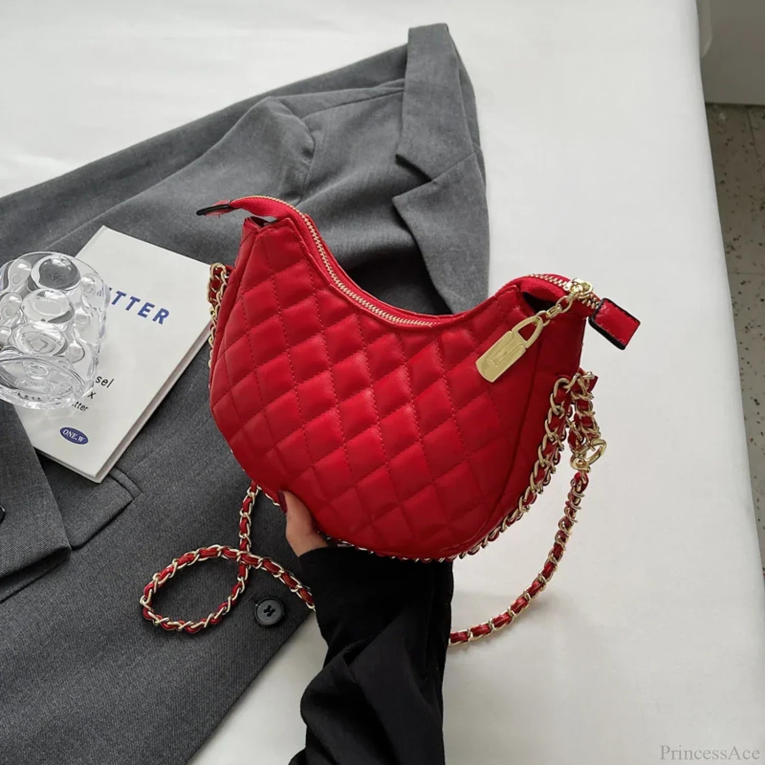 Zipper Women’s Bag Diamond Crossbody PU Leather Clutch Red clutchbag-250126