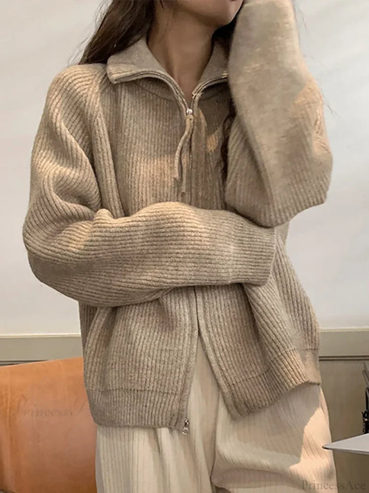 Zippered Knit Cardigan Oatmeal / One Size